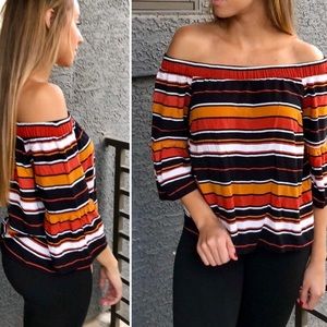 Dalia Striped Off Shoulder Orange Rust White Black Bell Sleeve Top szL